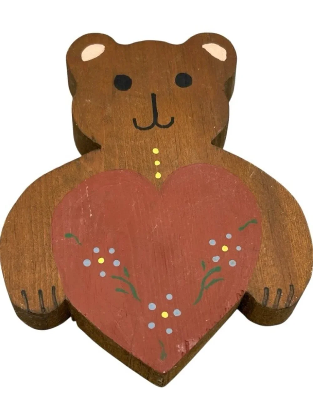 Vintage Wooden Teddy Bear Heart Wall Hanging Folk Art